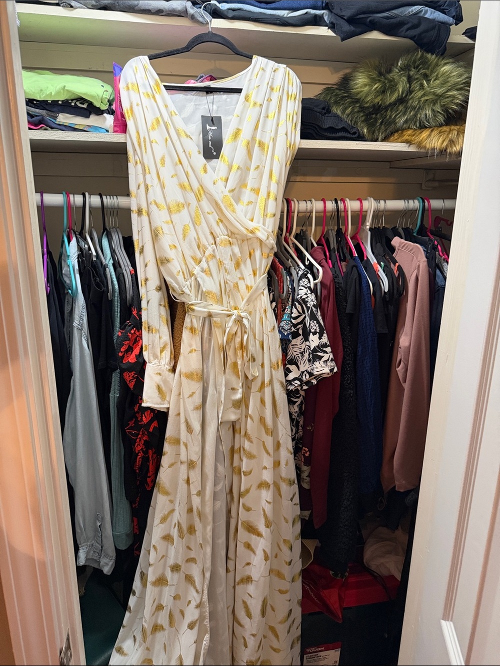 Women's Wrap Maxi Dress in Cream with Gold Leaf Print